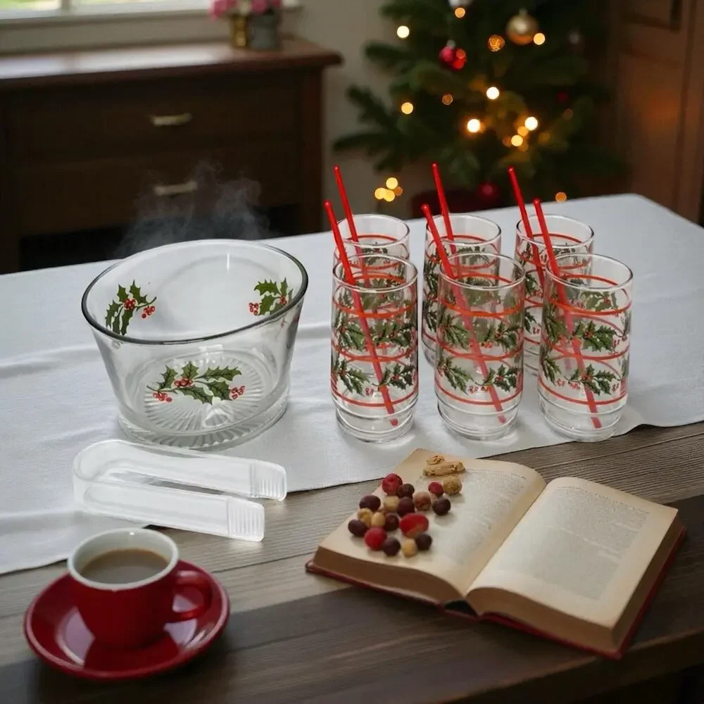 Vintage Indiana Glass Christmas Hostess Barware Set Holly Berry Highball Glasses
